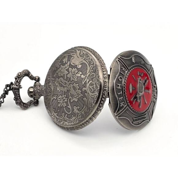 Firefighter Pocket Watch – Vintage Look Silver Red Fireman Gift First Responder - Picture 4 of 10